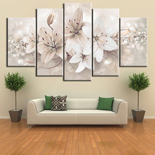  5パネル壁アートキャンバスプリント絵画アートワーク画像ユリ花植物家の装飾装飾ロールキャンバスフレームなしフレームなしストレッチなし