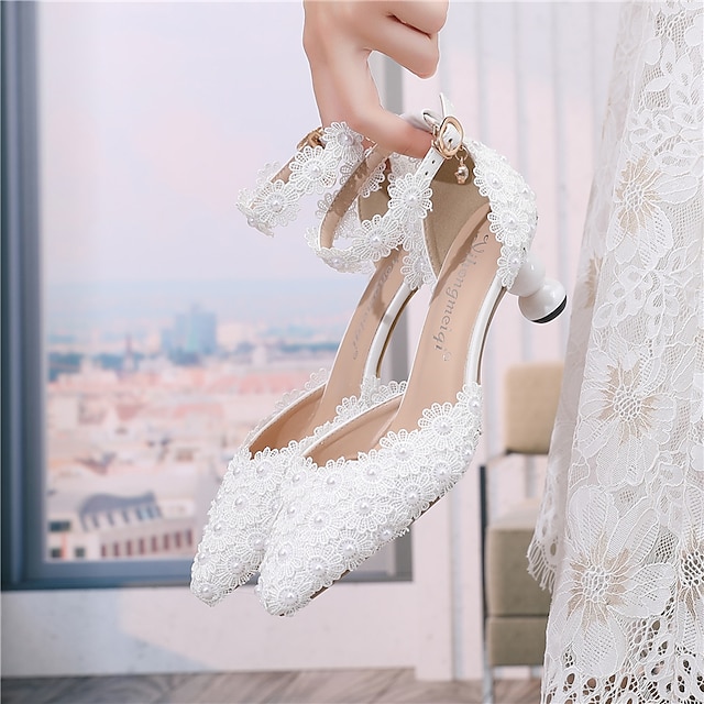  bryllup sko til bruden brudepige kvinder lukket tå spids tå hvid pu pumps med blonder blomst imiteret perle skulpturel hæl lav hæl ankelrem bryllupsfest aften daglig elegant klassisk