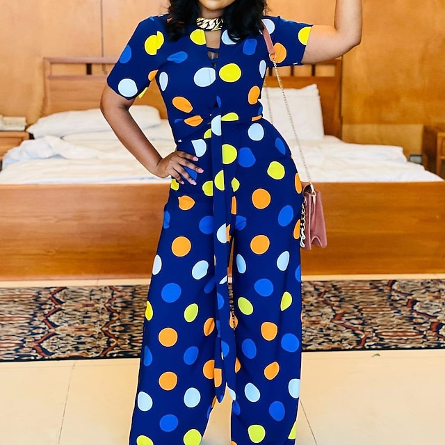 

Women's Jumpsuit Lace up Print Polka Dot Stand Collar Streetwear Party Party Evening Regular Fit Short Sleeve Blue S M L Spring
