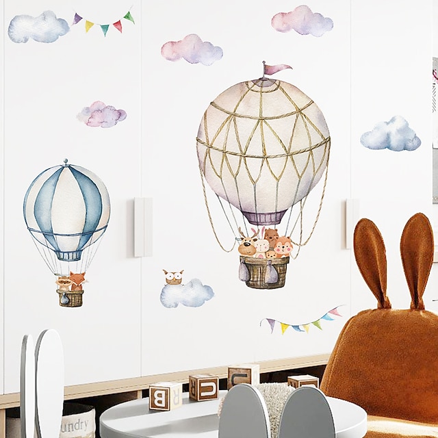  Cartoon Animal Hot Air Balloon Removable PVC Home Decoration Wall Decal Wall Stickers 90X87cm For Living Room Kids Room Kindergarten
