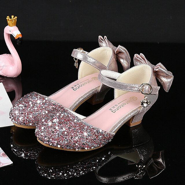 Girls' Heels Princess Shoes Flower Girl Shoes Rubber PU Little Kids(4-7ys) Big Kids(7years +) Daily Party Evening Rhinestone Buckle Sequin Pink Silver Fall Spring