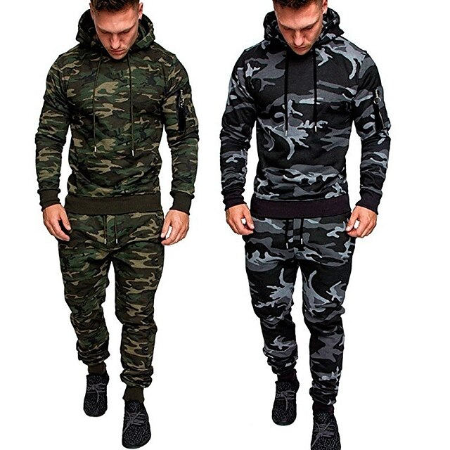 Mens Army Camouflage Fleece Tracksuit Hoodie Zipper Joggers Two Piece Loungewear