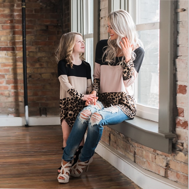 Baby & Kids Matching Outfits | Tops Mommy and Me Color Block Leopard Patchwork Black Long Sleeve Above Knee Matching Outfits - Y