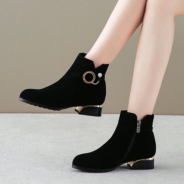 Women's Chic Ankle Boots with Gold Ring and Pearl Detail – Suede Block Heel Boots for Casual and Dressy Occasions4