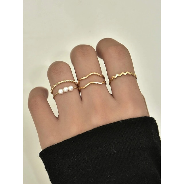 Shoes & Bags Fashion Accessories | 5pcs Ring Set Classic Gold Imitation Pearl Alloy Wave Vintage European Trendy 1 set One Size 