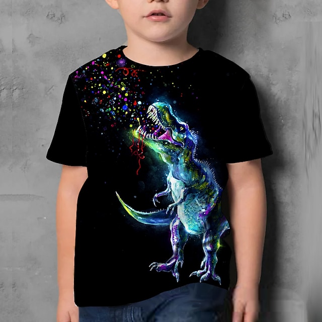  Børn Drenge T-shirt Kortærmet Dinosaurus 3D-udskrivning Grafisk Dyr Sort Børn Toppe Sommer Aktiv Sej Sød Stil Skole Dagligdagstøj 3-12 år