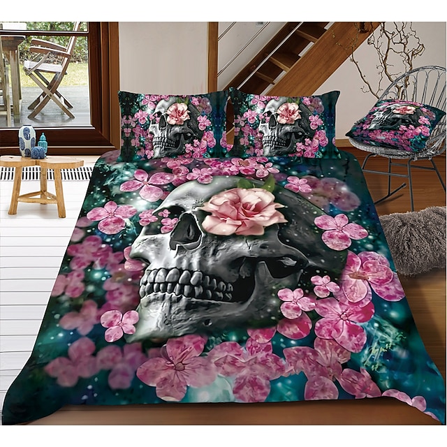  Skull Flower Duvet Cover Set Quilt Bedding Sets Comforter Cover,Queen/King Size/Twin/Single(Include 1 Duvet Cover, 1 Or 2 Pillowcases Shams),3D Digktal Print