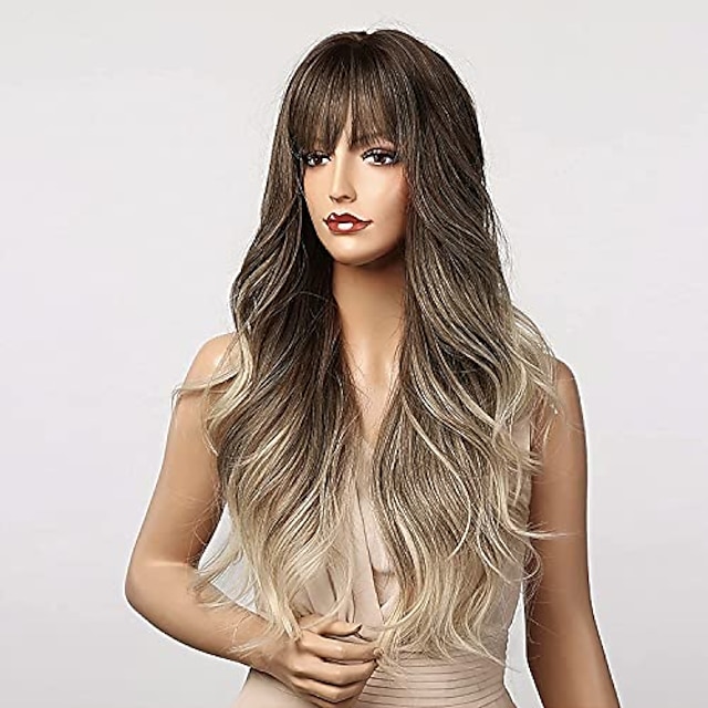 Beauty & Hair Wigs & Hair Pieces | long wavy wig ash blonde wigs with bangs ombre brown blonde wigs for women long heat resistan