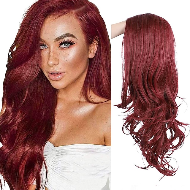  красный синтетический парик с длинной волнистой боковой частью термостойкий парик из натурального волокна для косплея женщин или повседневного использования. хэллоуин парик