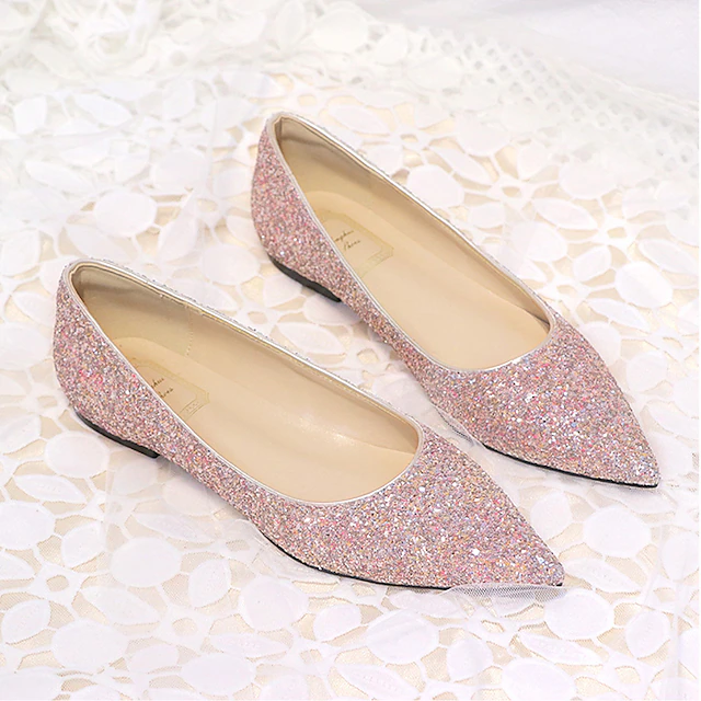 Women's Pink Glitter Pointed Toe Flat Shoes – Comfortable Bridal or Party Footwear with Sparkling Design 8