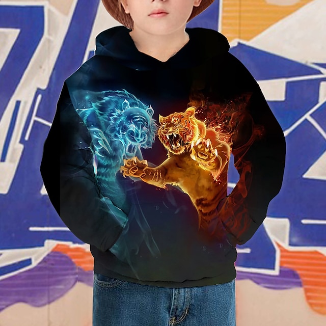 Baby & Kids Boys Clothing | Kids Boys Hoodie & Sweatshirt Long Sleeve Black Tiger 3D Print Animal Print Daily Wear Active 4-12 Y