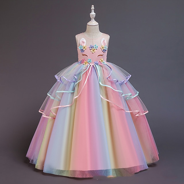 Kids Little Girls' Dress Unicorn Rainbow Costume Party Princess Flower ...