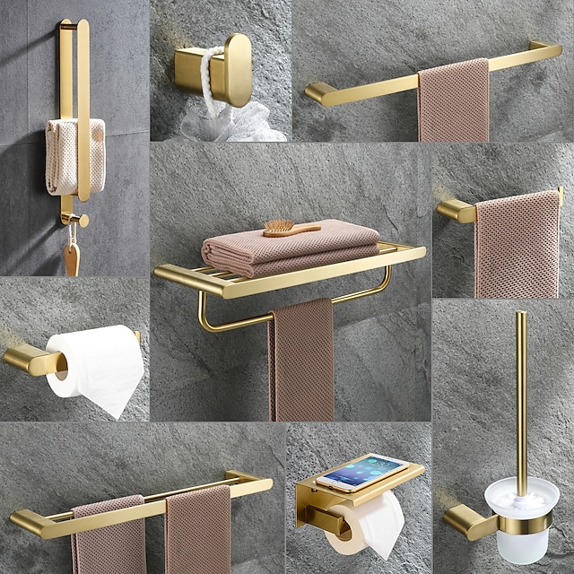 zlaté sady koupelnového kování, nástěnná nerezová tyč na ručníky / držák na toaletní papír / držák na toaletní kartáč vícevrstvý, nový moderní moderní design