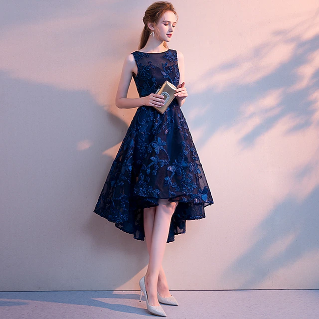 A-Line Cocktail Dresses Elegant Dress Wedding Guest Homecoming Asymmetrical Sleeveless Jewel Neck Tulle with Pleats Pattern / Print 7