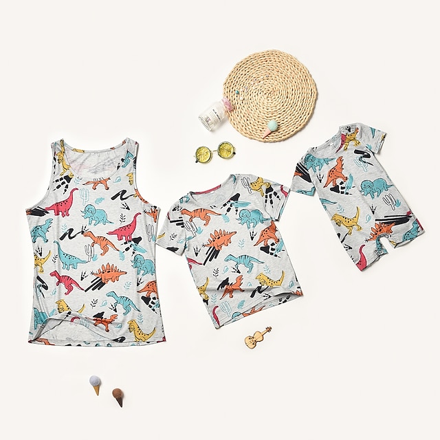 Baby & Kids Matching Outfits | Mommy and Me T shirt Tops Cotton Cartoon Dinosaur Sport Light Grey Daily Matching Outfits / Summe