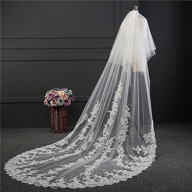 Two-tier Lace Wedding Veil Cathedral Veils with Embroidery Tulle 2024 ...