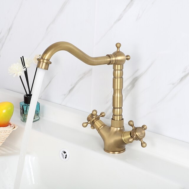  Single Handle Kitchen Faucet Antique Brass One Hole Rotatable Standard Spout/Tall/­High Arc, Brass Antique/COD Kitchen Faucet with Supply Lines / Adjustable to Cold and Hot Water