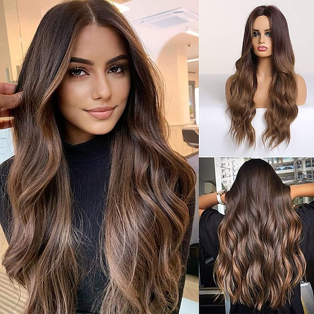  Brown Wigs for Women Long Ombre Brown Hair Wig for Women Wave Wig Synthetic Curly Hair Wig Middle Parting 26Inch