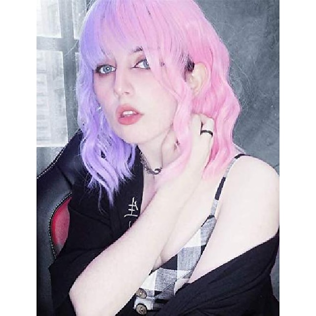  前髪の短いピンクと紫のボブウィッグ巻き毛の波状ロリータコスプレ女性の女の子のためのハロウィーンパーティーウィッグ