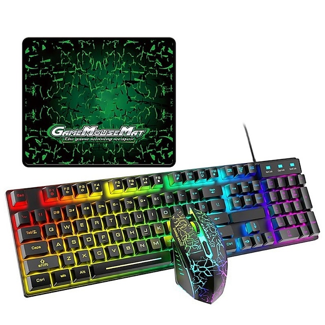  Juego de teclado y mouse para juegos con cable luminoso t6rgb con alfombrilla de mouse grande teclado mecánico retroiluminado colorido