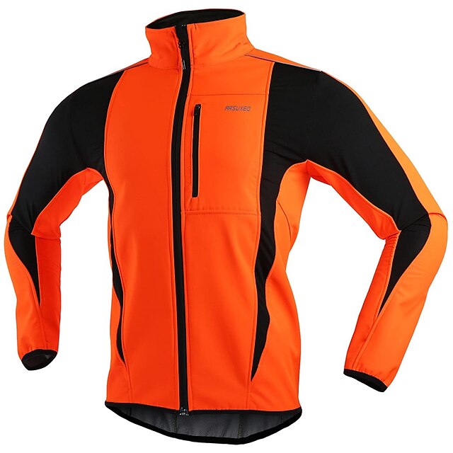 ARSUXEO Men's Cycling Jacket Bike Jacket Winter Softshell Fleece Jacket Top Windproof Waterproof 15-k Warm UP Thermal Breathable Stripe Polyester, Spandex, Fleece Winter Orange Red Light Green Road 37