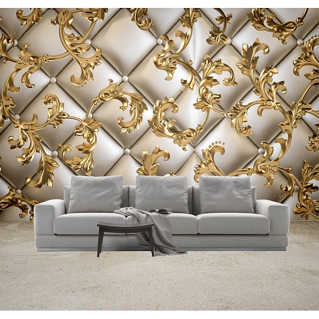  Mural Wallpaper Wall Sticker Covering Print Golden Leaf Leather Faux 3D Canvas Home Decor for Home Living Room Bedroom Indoor and TV Background
