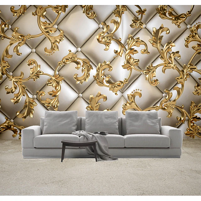 Mural Wallpaper Wall Sticker Covering Print Golden Leaf Leather Faux 3D Canvas Home Decor for Home Living Room Bedroom Indoor and TV Background 7