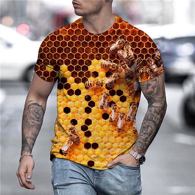  男性用 男女兼用 ミツバチ グラフィック シャツ Tシャツ 面白いTシャツ 半袖 Tシャツ 3Dプリント クルーネック シャツ デザイナー カジュアル 大きくて背が高い 日常 祝日 イエロー ライトブラウン オレンジ 夏 衣類 S M L XL XXL 3XL 4XL