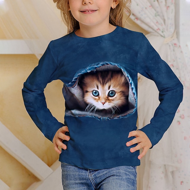  キッズ 猫 3Dプリント Tシャツ 長袖 ブルー ロイヤルブルー アニマルプリント デイリーウェア アクティブ 赤ちゃん / 秋