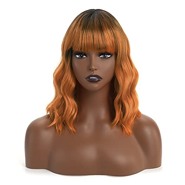  Ombre Orange Wigs for Women, Short Bob Wigs with Air Bangs, Natural Looking Curly Wavy Wig, Heat Resistant Synthetic Fiber Wig for Daily Party Cosplay Wear
