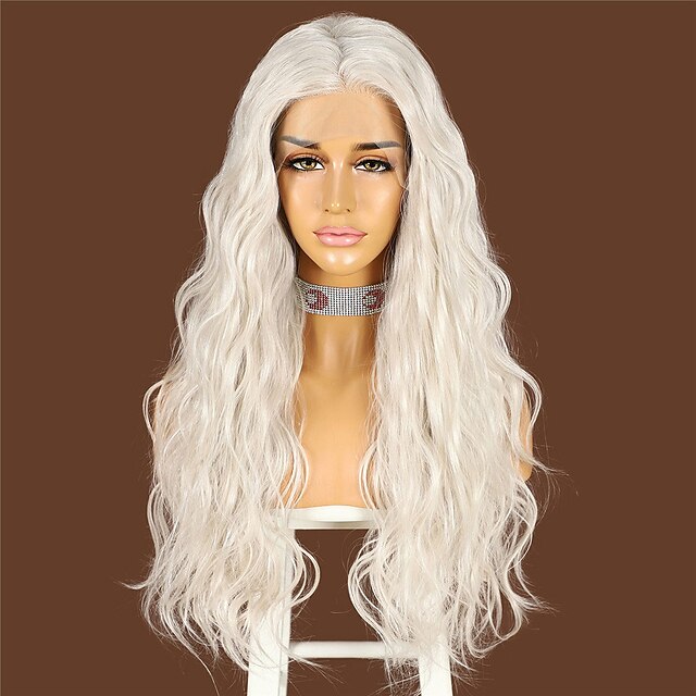  13*2.5 BeautyTown Ash White Futura Lace Wig for Daily Makeup Cosplay Long Wave Layered Heat Resistant Gray Synthetic Lace Front Wig