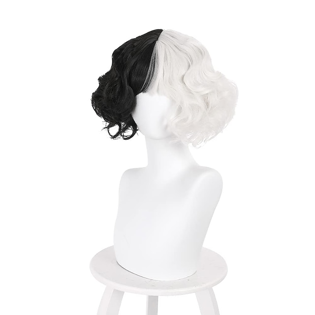  Half Black and White Wigs Short Curly Wavy Bob Hair Women Girl Role Cosplay Party Heat Resistant Synthetic Wigs