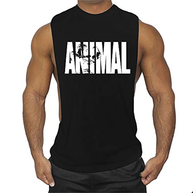  menns mann dyr bodybuilding topper tank skjorte vintage print t-skjorte vest muskel skjorte trykk 85% bomull 15% elastan, svart, m