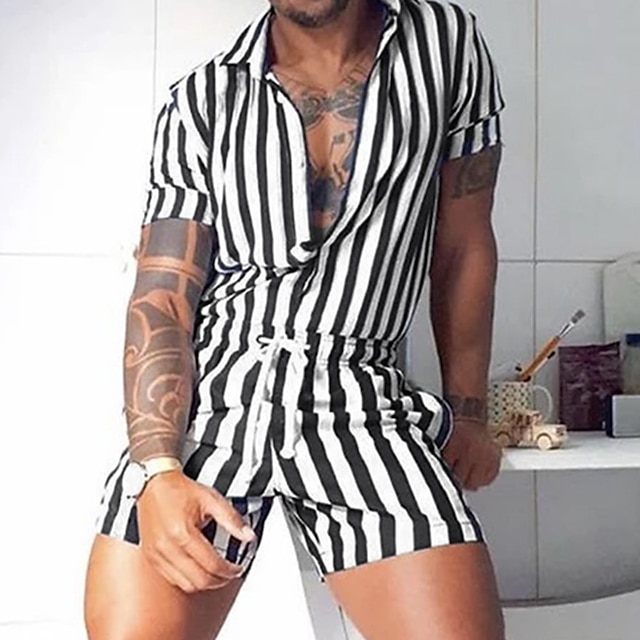  Macacão masculino de manga curta com bolsos listra cordão cintura shorts conforto geral respirável diário esportes streetwear