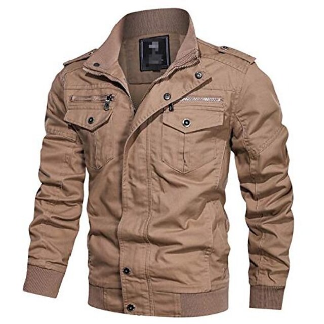 Army green Mens Military Style Jacket Khaki Stand Collar Spring and Autumn Casual Cotton Coat A Durable Jacket Black 