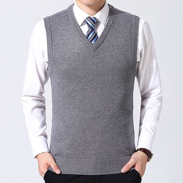 Men's Sweater Vest Dress Sweater Wool Sweater Pullover Sweater Jumper Ribbed Knit Knitted Solid Color V Neck Business Keep Warm Work Daily Wear Clothing Apparel Sleeveless Spring & Fall Camel Black 11