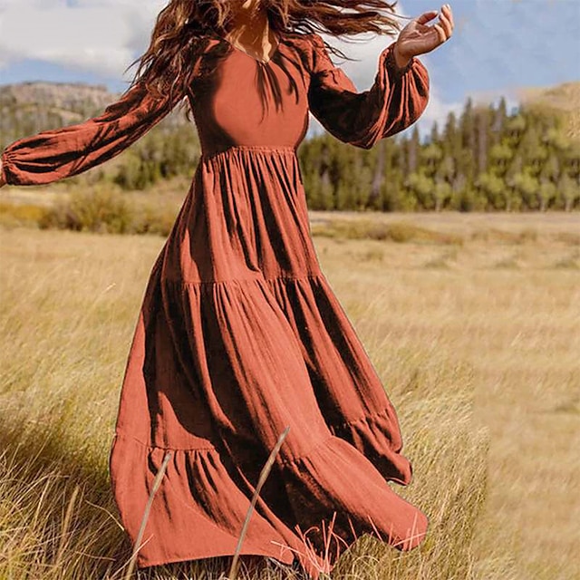  Mulheres Vestido Swing Vestido Longo Vestido Maxi Verde Escuro Marron Preto Manga Longa Cor imaculada Franzido Pregueado Patchwork Outono Primavera Decote V Boho Casual Vestido de outono Manga