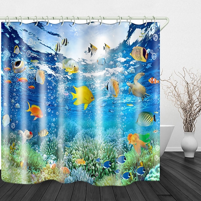  Beach Fish Print Shower Curtain,Waterproof Fabric Shower Curtain for Bathroom Home Decor Covered Bathtub Curtains Liner Includes with Hooks