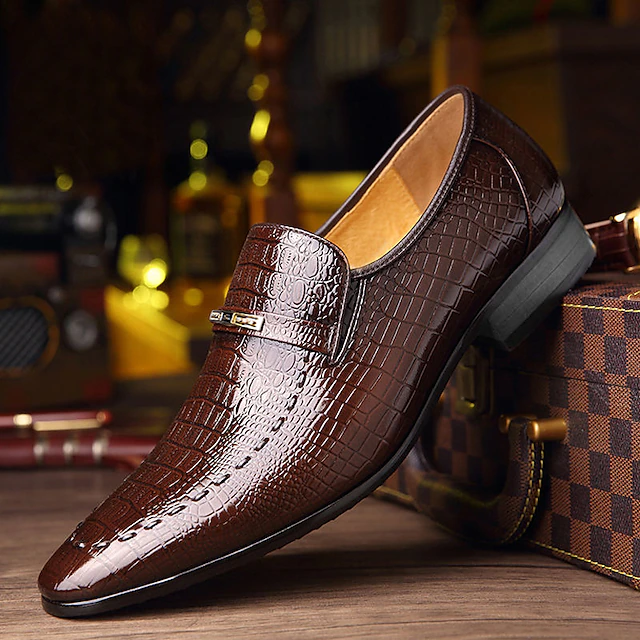 Men's Brown Crocodile Pattern Faux Leather Loafers - Elegant Slip-On Dress Shoes for Formal Occasions 8