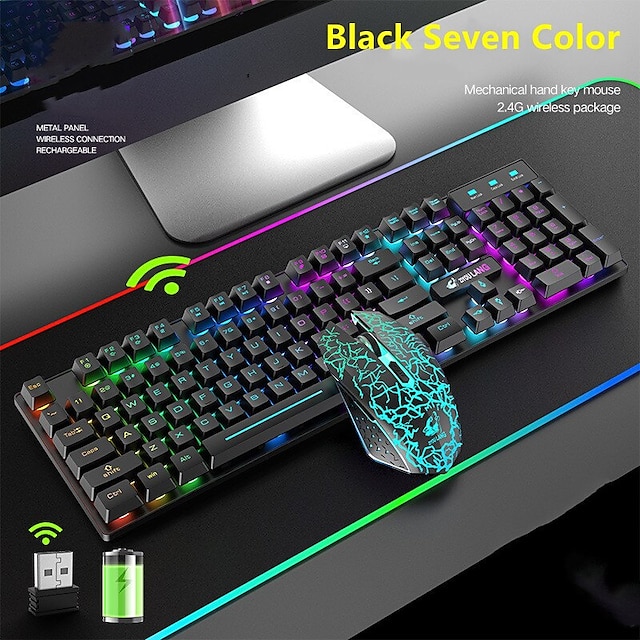  Wireless Gaming Keyboard and Mouse Combo with Rainbow LED Backlit Rechargeable 3800mAh Battery Mechanical Feel 7 Color Gaming Mouse,2400DPI Mouse Pad for Windows PC Gamers