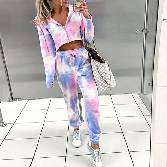 

Women's Basic Tie Dye Sport Casual Two Piece Set Crop Top Hoodie Tracksuit Pant Jogger Pants Drawstring Zipper Print Tops