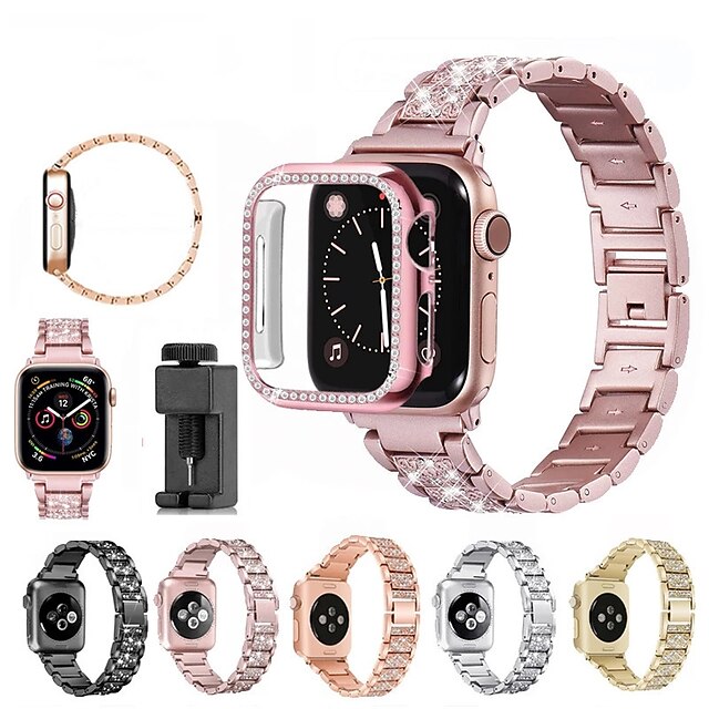  3 PCS Smart Watch Band for Apple iWatch Series 8 7 6 5 4 3 2 1 SE Stainless Steel Smartwatch Strap Diamond Bling Diamond SmartWatch Band with Case Metal Band Jewelry Bracelet Replacement  Wristband