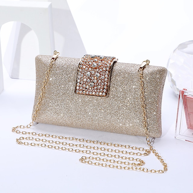  Women's Clutch Bags Polyester for Evening Bridal Wedding Party with Crystals Chain in Solid Color Silver Black Champagne