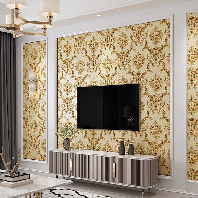 Cool Wallpapers Flower Wallpaper 3D Damask Wall Mural Wall Cover Sticker Film Peel and Stick Removable Self Adhesive Embossed European Damascus Non Woven Home Decoration 300x53cm/118.11''x20.87''2
