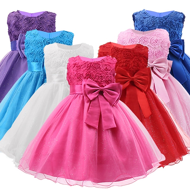  Kids Girls' Flower Tulle Dress Party Layered Bow White Purple Watermelon Sleeveless Princess Sweet Dresses Fall Spring Slim 2-12 Years