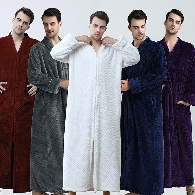  Men's Pajamas Robe Bathrobe Nightgown Plush Robe Plush Home Spa Polyester Jacquard Fleece Warm V Wire Long Sleeve White Navy Blue