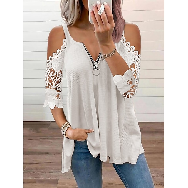  Blusa Mujer Negro Blanco Color sólido Encaje Encaje Cremallera Hogar Diario Básico S