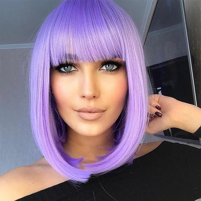  Purple Wig with Bangs Short Straight Bob Wigs for Women 12 Inch Synthetic Colorful Cosplay Party Wig