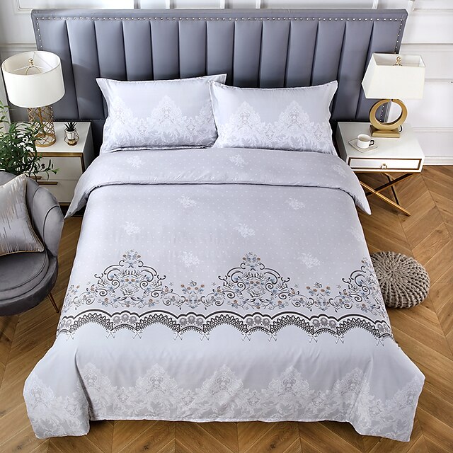  Light gray Duvet Cover Queen Lace Floral Pattern Printed Bedding Set Lightweight Soft Microfiber Comforter Quilt Cover(1 Duvet Cover  2 Pillow Shams)(No Comforter)