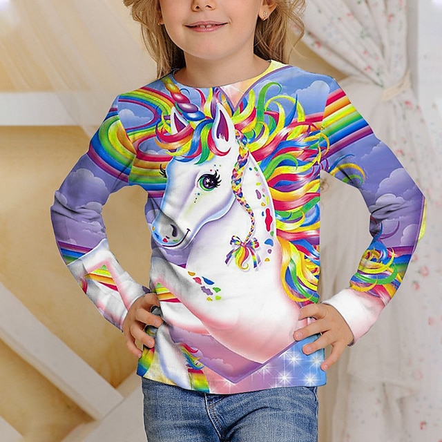  T-shirt Fille Enfants Manches Longues Licorne 3D effet Animal Imprimé Violet Enfants Hauts Automne Actif basique Ecole Décontracté Des sports Rentrée scolaire Standard 4-12 ans